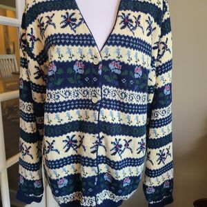 Northern Reflections Vintage Cardigan Sweater V-neck Flowers Blue & White Large